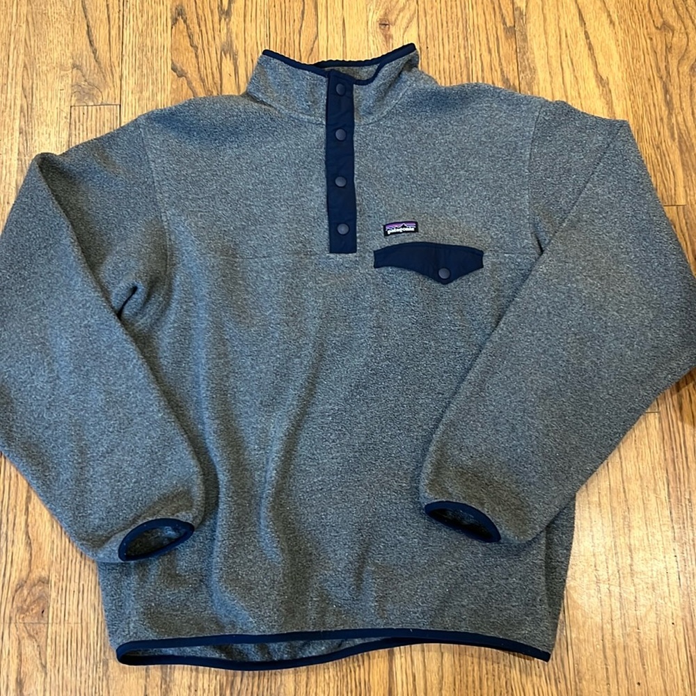 Patagonia pullover grey Synchilla retool jacket snap buttons youth xxl 16-18